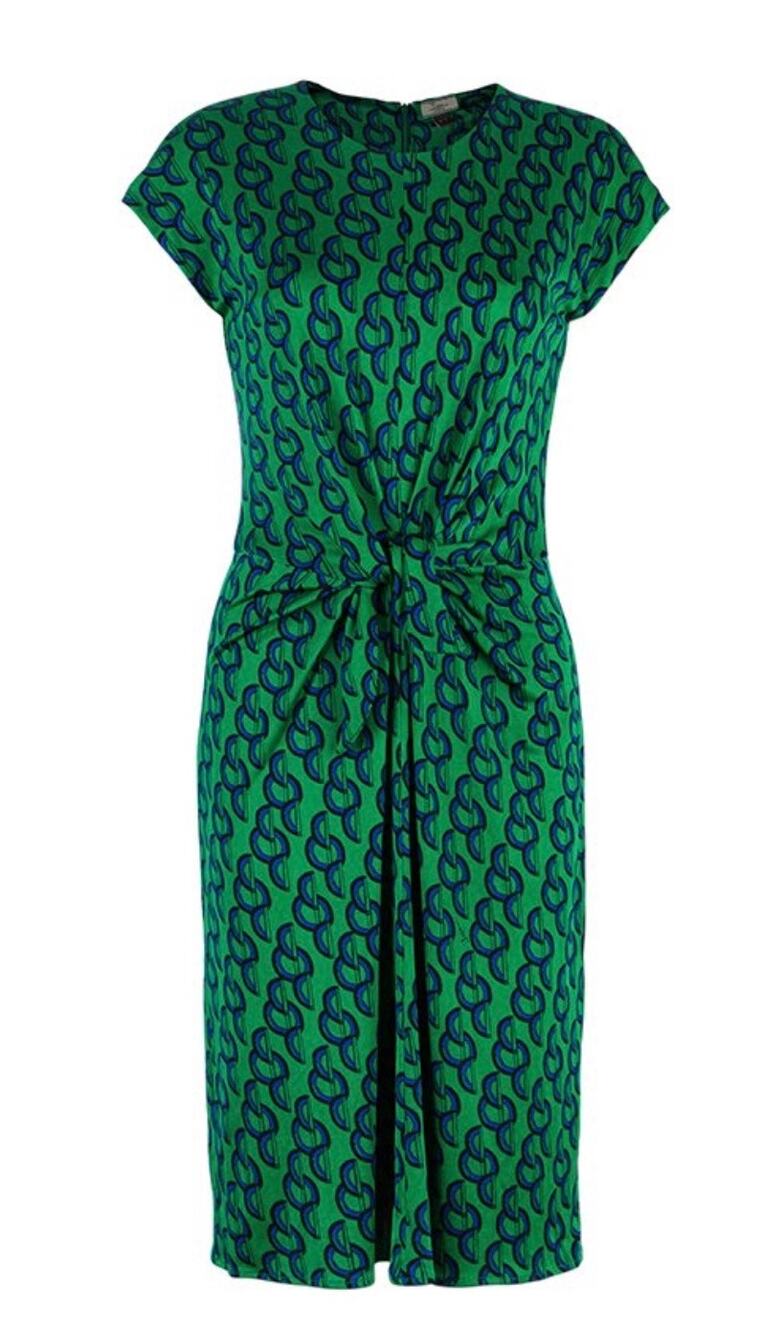 Issa London Dress Green Silk with Blue Pattern Cap Sleeve Ruched Waist size 6